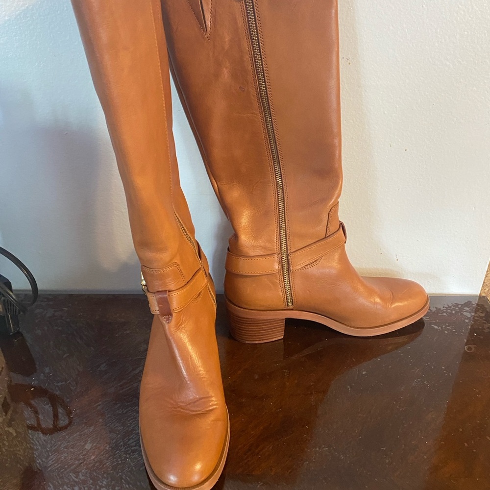 Women's Coach Tall Leather Riding Boots with Gold Buckle - Tan, Size 9 - Picture 2 of 7
